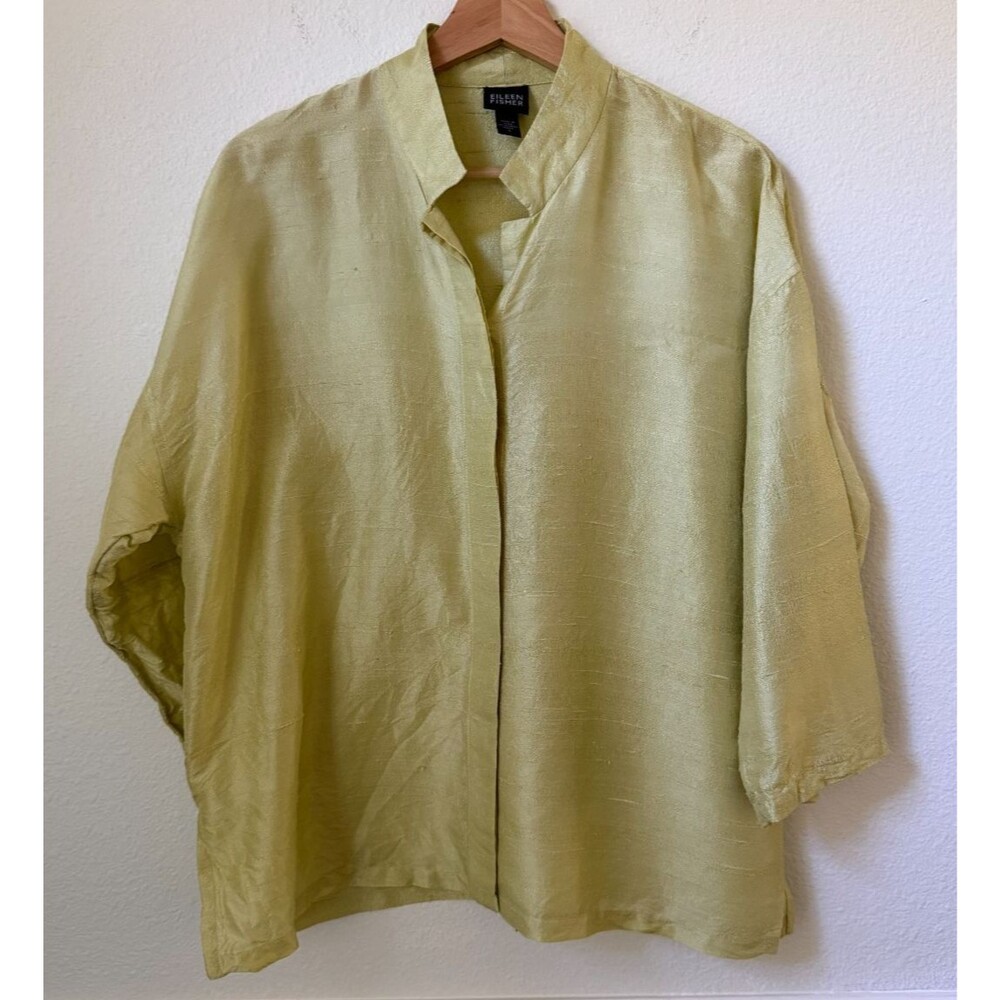 Eileen Fisher 100% Silk Blouse S Yellow Green Button Up Tunic Top Shirt Collar